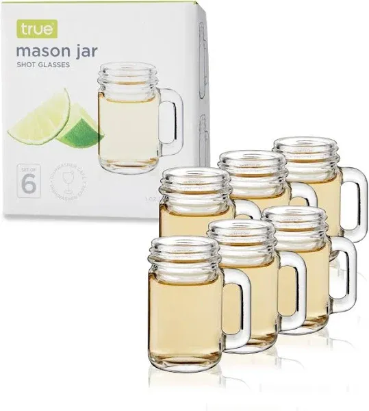 True Mason Jar Shot glasses, Reusable Mini Mason Jar shaped shot glasses with Handles, Party shot cups, Set of 6, 1 oz.