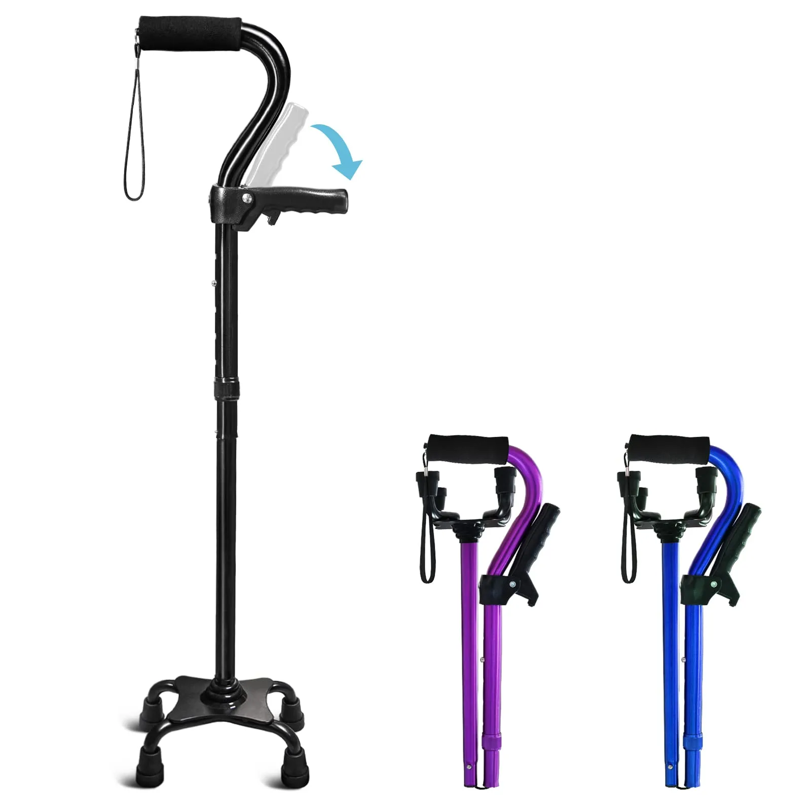 Adjustable Walking Cane for Men & Women with 4-Pronged Base for Extra Stability - Foldable Cane for Seniors with Foam Padded Offset Handle for Soft Grip & a Second Handle for Standing