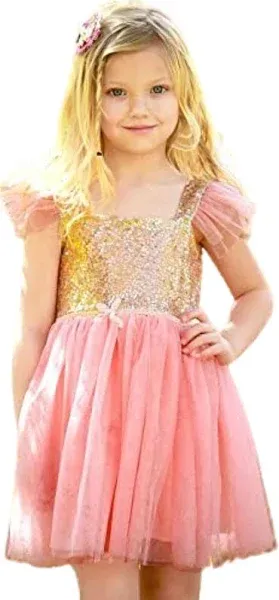 Butterfly Craze Birthday Sequin Dress with Glitter and Sparkle for Little Girls, Fluttering Into the Princess Ballerina Party, Perfect for Dress-up Parties, & Other Occasions, Pink/Gold, 6 years