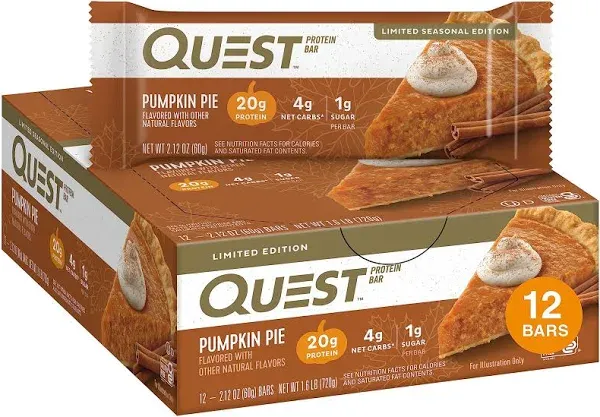 Quest Nutrition Pumpkin Pie Protein Bar, 20g Protein, 4G Net Carb, 1G Sugar, Gluten Free, 12 Count