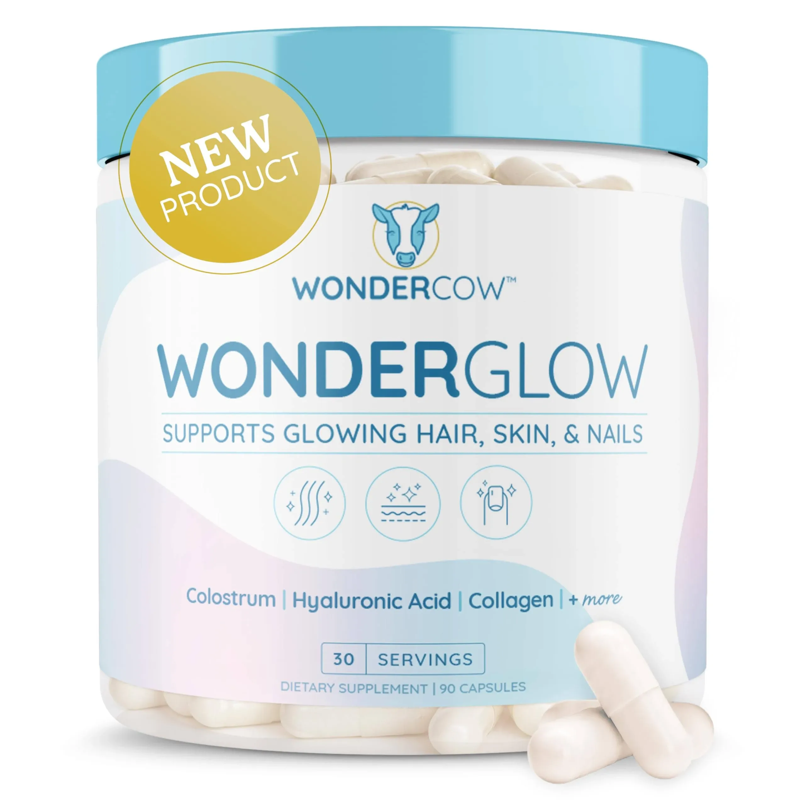 WonderCow | WonderGlow | For Glowing Hair, Skin, & Nails | Colostrum, Hyaluronic Acid, Collagen, & Biotin | Beauty Suppliment | 90ct, 30 Servings