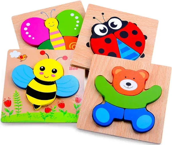 Wooden Puzzles, Set of 4 Montessori Toys for 1 Year Old, Toys for Toddlers 1-...