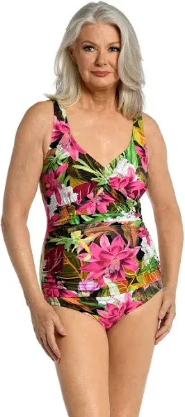 Maxine Of Hollywood Women's V-Neck Twist Front Shirred One Piece Swimsuit