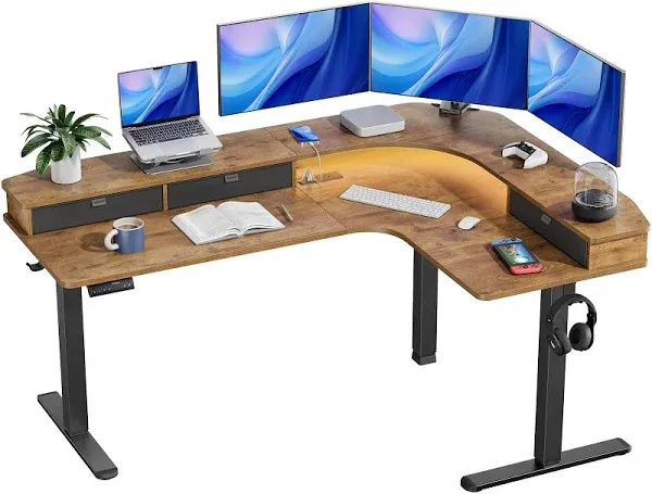 HUANUO 65′′ L-Shaped Standing Desk with Power Outlets & LED Strip