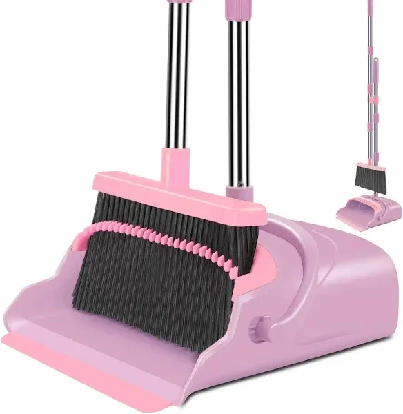 Upgrade Broom and Dustpan Set, Large Size and Stiff Broom Dust Pan with Long Han