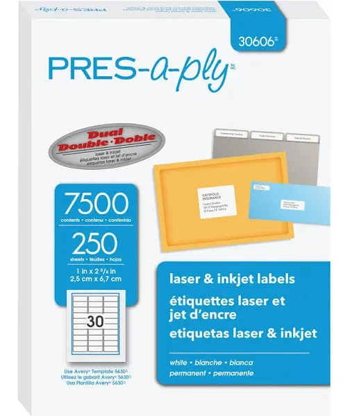 PRES-a-ply&#174; Labels, Laser Printers, 1 x 2.63, White, 30/Sheet, 250 Sheets/Box ;