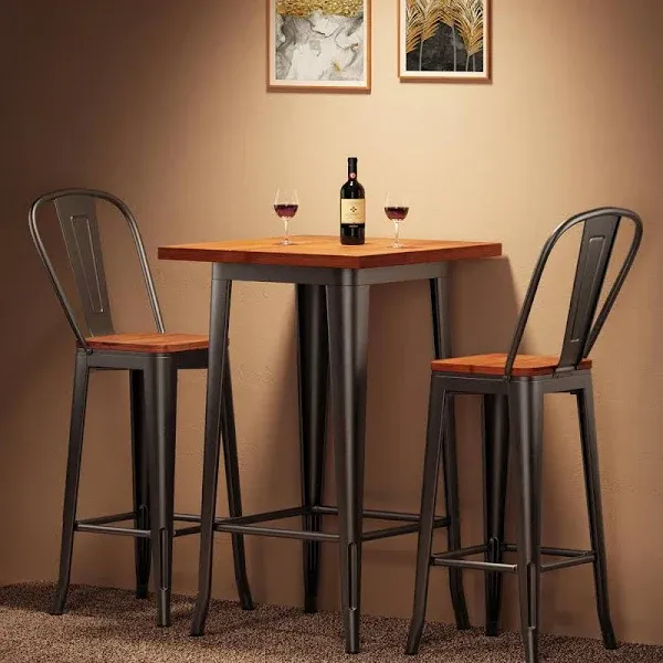 Aiho Bar Table and Chairs Set, Pub Table and Chairs Set of 2, with Elm Solid Wood and Thickened Metal Frame