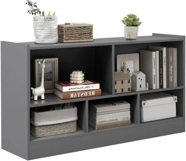 5 Cube Storage Organizer, 2-Tier Horizontal Bookshelf, Wooden Display Book Shelves for Home Office Classroom, Low Bookcase Under Window (Grey, 44” x 12” x 24”)