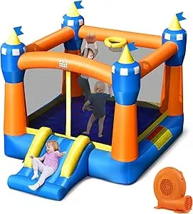 Costzon Inflatable Bounce House, Magic Theme Kids Jumping Bouncer w/Large Jumping Area, Slide & Basketball Rim, Including Carrying Bag, Repair Kit, Stakes, Indoor & Outdoor Backyard Bouncy Castle