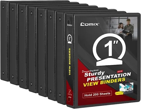 COMIX Sturdy 3 Ring Binder 1 inch with Clear View Cover, 1" Round Ring View Binder, PVC-Free, 200 Sheets Capacity of US Letter Size Paper, Office ＆ School Supplies, 6 Pack (Black)