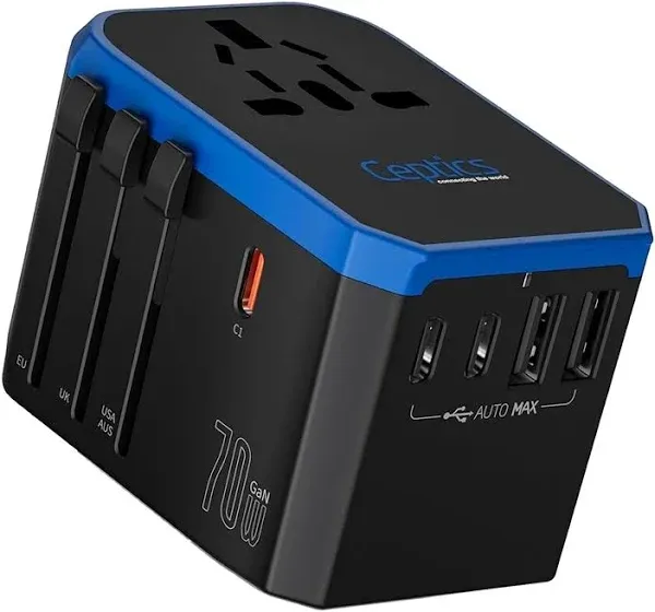 Ceptics 70W World International Travel Plug Adapter - Powerful GaN Tech with Pd & QC 3.0 Dual 3X USB-C Power - 2 USB Ports Wall Charger Type I C G A Outlets 110V 220V A/C - EU Euro US UK (70-KU)