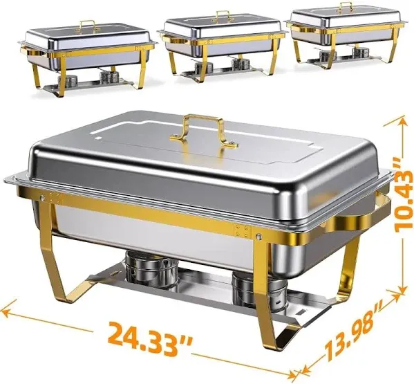 Chafing Dishes for Buffet 4 Pack, 8QT [Elegant & Sturdy] Chafing Dish Buffet Set, Stainless Steel Chafers and Buffet Warmers Sets, [High Grade Gold & Silver Colors] Food Warmers for Parties,Wedding