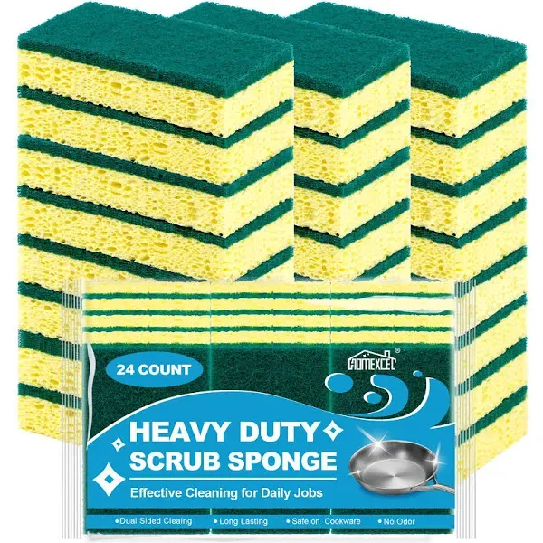 Heavy Duty Scrub Sponges Kitchen 24pcs,Dual Side Cleaning Dish Sponges for Non-Coated Cookware,Pocelain Bakeware and More