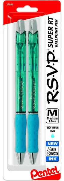 Pentel RSVP Super RT Ballpoint Pen, (1.0mm) Medium Line, Sky Blue Ink, 2-Pk - BX480BP2S