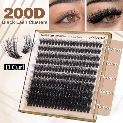 Focipeysa Lash Extension Kit Thick Eyelash Extension Kit 10-18mm Fluffy Lash Clusters 200D Individual Eyelashes Kit with Lash Bond, Lash Remover, Lash