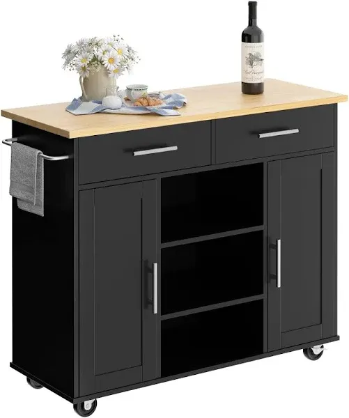 Shintenchi Kitchen Storage Island Cart with 3 Open Shelves, 2 Drawers and 2 Cabinets, Kitchen Cart on Wheels with Handle/Towel Rack, Gray