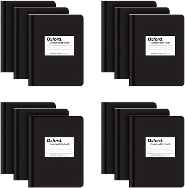 Oxford Composition Notebook 12 Pack, School Supplies, Notebooks for School, Writing Journals, College Ruled Paper, Note Taking Book, 7.5 x 9.75 Inches, 80 Sheets, Black Covers (63945)