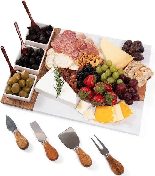 Acacia Wood and Marble Charcuterie Board Set - 11 Piece Cheese Board Serving Platter - Includes Knives, Bowls, Spoons - Gift Appetizer Board with Accessories - Housewarming and Holiday Unique Gift