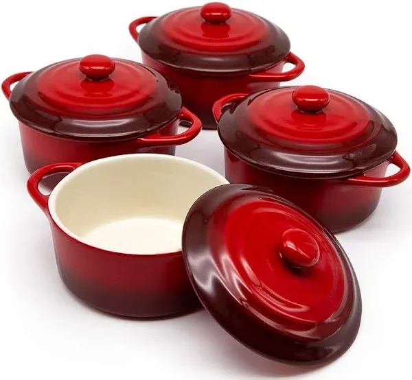 Kook Ceramic Mini Cocotte Set Small Casserole Dishes Lids and Handles Set of 4