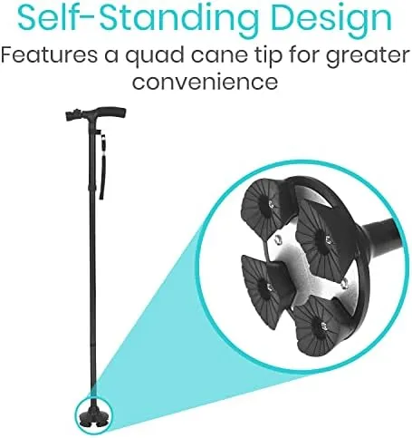 Vive Health LED Folding Cane with Quad Base, Clip and Travel Bag