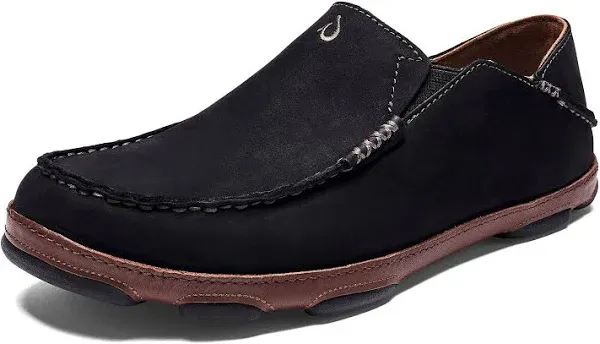 OluKai Moloa Men's Leather Slip On Shoes, Waxed Nubuck Leather & Soft Moisture-Wicking Lining, Drop-in Heel & All Weather Rubber Soles, Black/Toffee, 11