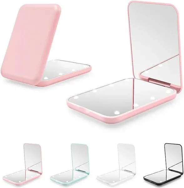 Travel Mirror with Light, 1X/3X Magnification LED Compact Mirror with Pink