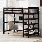 Merax Loft Bed with Storage Shelves and Under-Bed Desk Espresso Twin