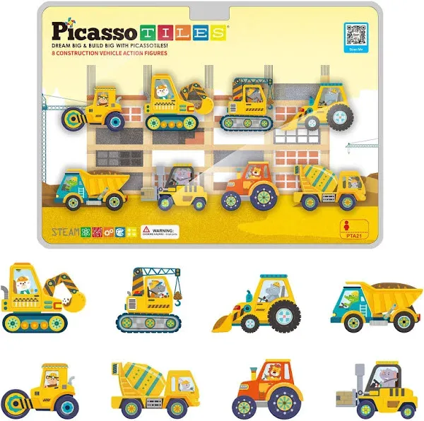 PicassoTiles 8pc Magnet Building Tile Blocks Addon 8 Magnetized Action Figures Construction Vehicle Zoo