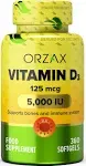 ORZAX Vitamin D3 5000 iu (125 mcg) - 1 Year Supply for Strong Muscle Function & Immune Support - Mood Supplement for Wellness (360 Softgel)