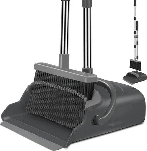 Upgrade Broom and Dustpan Set, Large Size and Stiff Broom Dust pan with Long ...