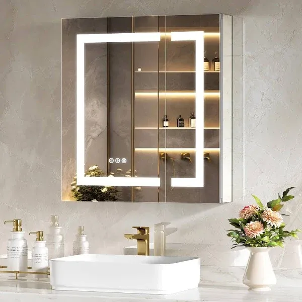 LED Lighted Medicine Cabinet with Mirror 30"*26",Bathroom Mirror Cabinet with Lights, Outlet and USB, Recessed or Wall Mounted, Adjustable Shelf, 3-Color, Dimmer, Anti-Fog