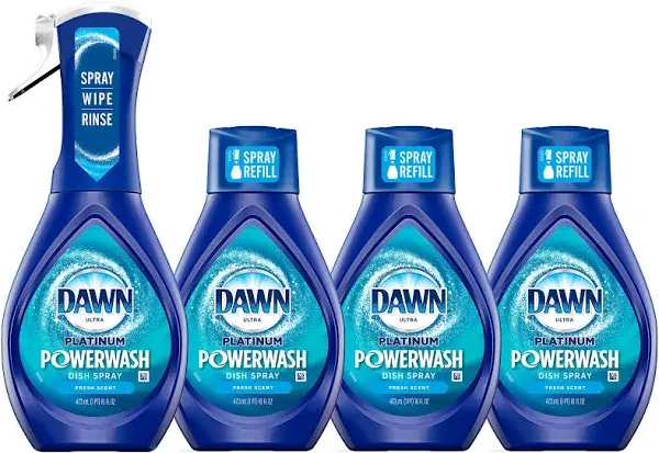 Dawn Platinum Powerwash Dish Spray, Dish Soap, Lemon Scent Refill, 16 Oz, 1 Starter Kit + 3 Refills, 4 Total