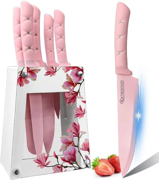 Kitchen Knife Set, Retrosohoo Pink Flower 6PC Stainless Steel Sharp Chef Cooking Non-slip Knife Set with Acrylic Stand & Block, Non-stick Colorful Coating Gift for Women Girls (Pink)