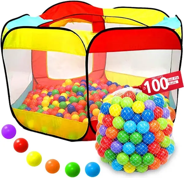 Kiddey Kids Ball Pit Play Tent - Ball Pit Balls Included – Toddler Pop Up Ballpit – Baby Ball Pit Indoor/Outdoor Play Tent, (Large Ball Pit with 100 Balls)