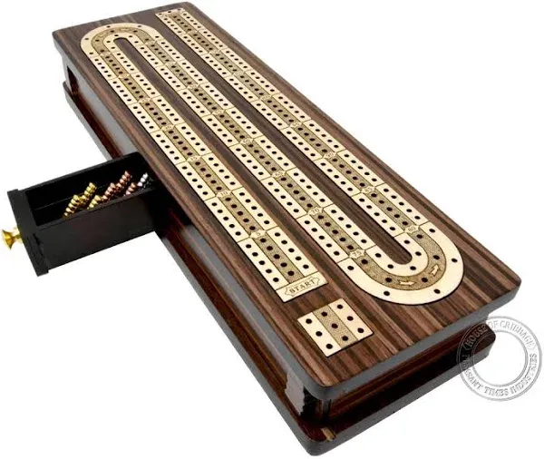 Continuous Cribbage Board/Box Inlaid in Rosewood/Maple : 2 Track - Sliding Lid with Score Marking Fields for Skunks, Corners and Won Games