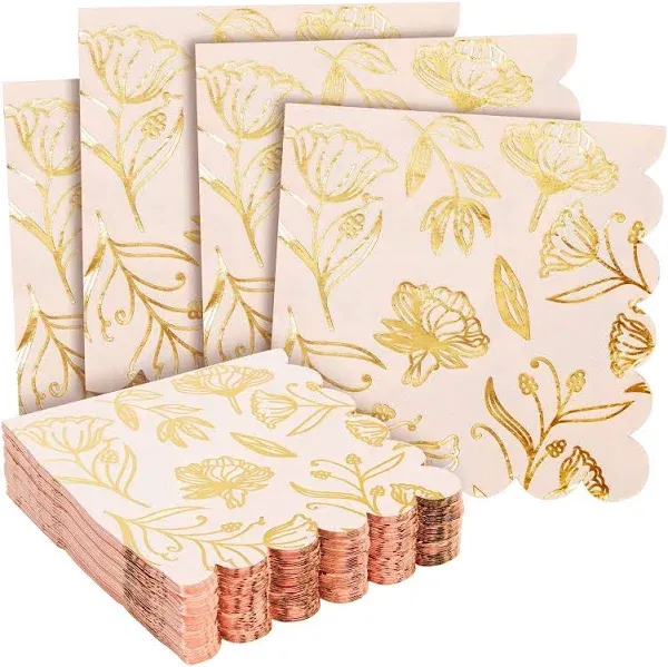 Sparkle and Bash 50-Pack Pink Paper Napkins with Gold Foil, Floral Design & Scalloped Edges for Wedding, Baby Showers, & Bridal Showers, Disposable Cocktail Napkins for Serving Drinks (3-Ply, 5x5 in)