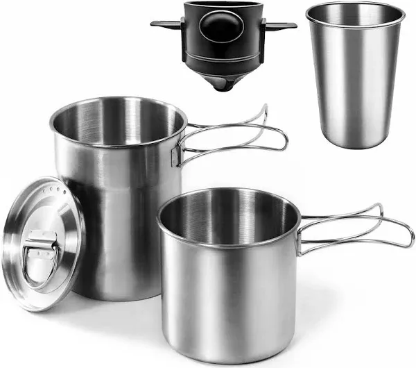 2Pcs 4Pcs Foldable Camping Cups and Mugs Pot 304-Food-Grade Stainless Steel Outdoor-cookware-Set with Vented lid