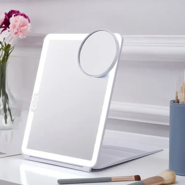 LED Foldable Travel Makeup Mirror - 7X9 Inches 3 Colors Light Modes USB