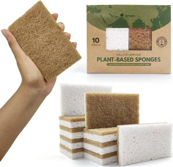 10 Pack Biodegradable Natural Kitchen Sponge - Compostable Cellulose and Coco...