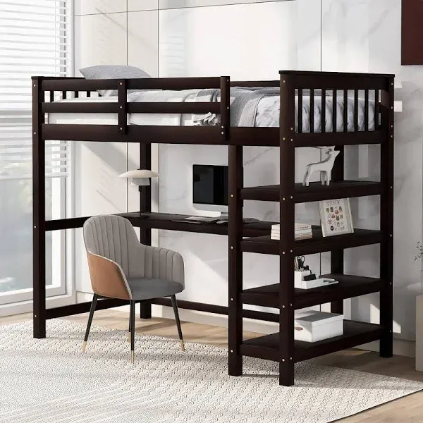 Merax Twin Loft Bed with Storage Shelves and Under-Bed Desk