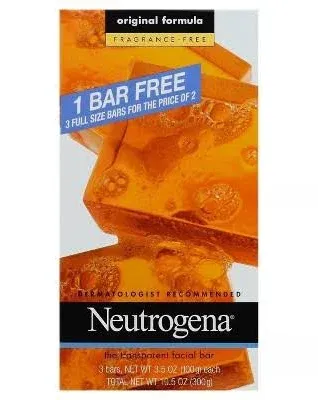 Neutrogena Original Fragrance-Free Facial Cleansing Bar with Glycerin, Pure & Transparent Gentle Face Wash Bar Soap, Free of Harsh Detergents, Dyes & Hardeners, 3.5 oz