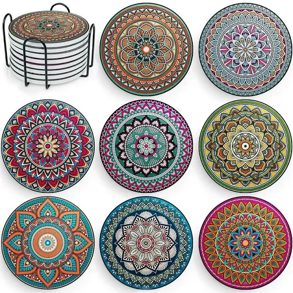 Mandala Drink Coasters with Holder - 8 Set Ceramic Boho Coaster for Drinks Absorbent with Cork Base and Black Holder - Coasters for Coffee Table Apartment Wooden Bar Mugs Glasses Cup Beer