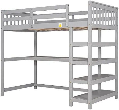 Merax Loft Bed with Storage Shelves and Under-Bed Desk