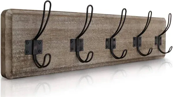 Weathered Rustic Wall-Mounted Coat Rack with 5 Hooks, 24-Inch Solid Pine Wood fo