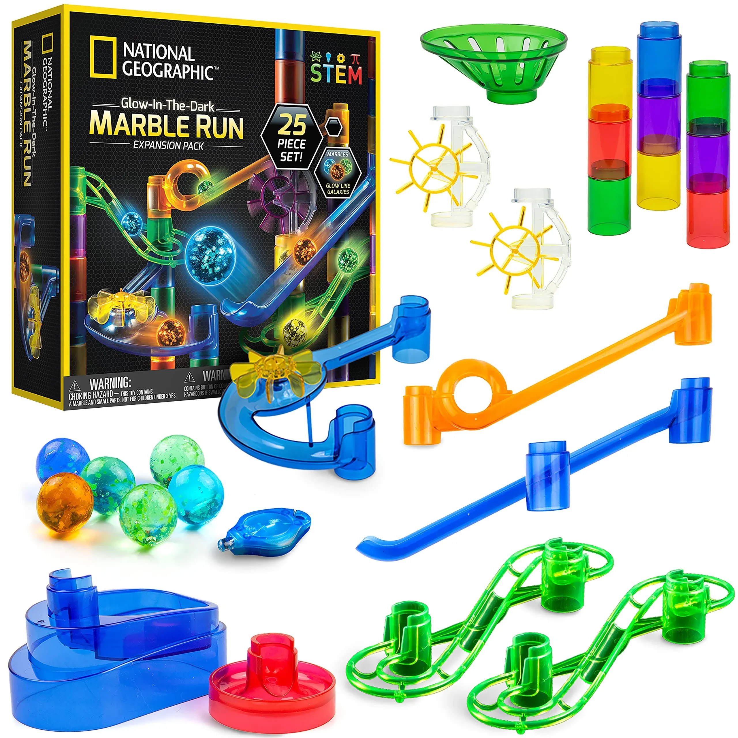 National Geographic Glowing Marble Run – Expansion Pack with 5 Glow in The Dark Glass Marbles, 20 Construction Pieces, UV Light, Great Creative Stem