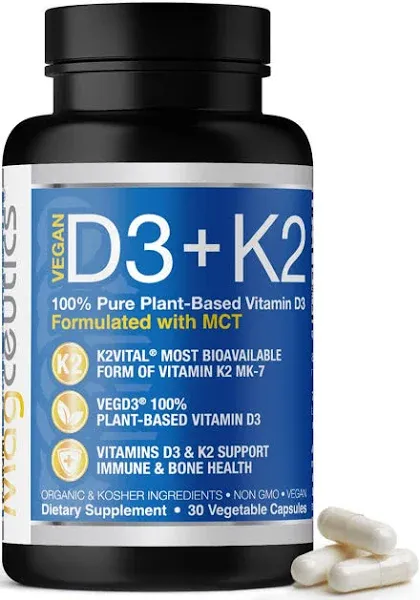 Vitamin D3 K2 with MCT, 5000 IU Vegan D3 & 100 mcg MK7 K2, Support Strong Bones and Immune Health - 30 Capsules (30 Days Supply)