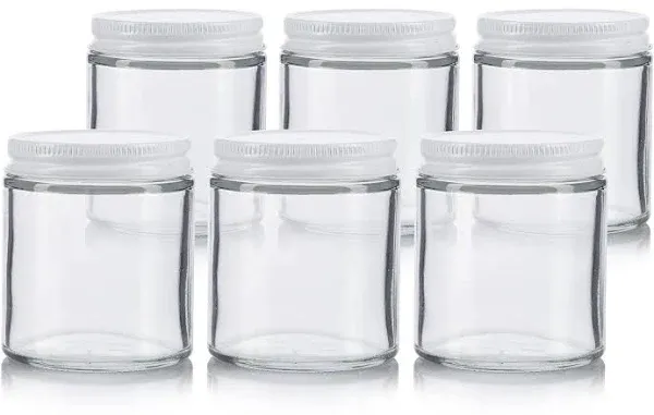 JUVITUS 4 oz / 120 ml Clear Thick Glass Straight Sided Jar with White Metal Airtight Lid (6 pack)