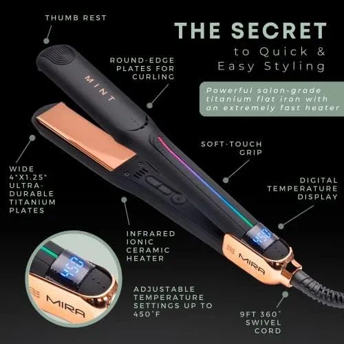 Professional Series MIRA Titanium Flat Iron Hair Straightener for Thick & Fine Hair | Powerful Single-Pass Straightening Iron | Straightener & Curling Iron in One | 1 1/4 Inch Wide Flat Iron by MINT