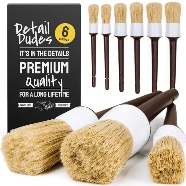 Car Detailing Brush Ultra Soft Boars Hair Set of 6 Automotive Detail Brushes- Washing & Cleaning for Wheels, Interior Upholstery, Emblem, Air Vent- Vehicles & Auto Interior Detailing Kit