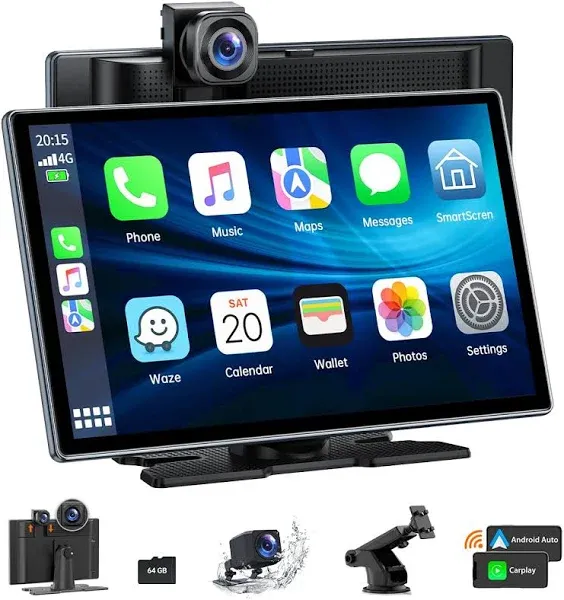 HOTPEAK Wireless Carplay &amp; Android Auto with 4K Dash Cam 9 Inch Portable Appl...